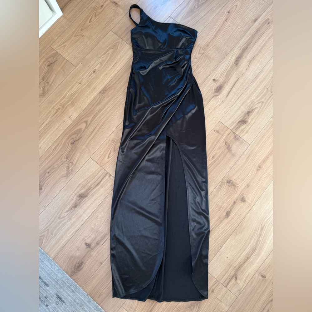 Sleek Black Satin Dress with Side Slit